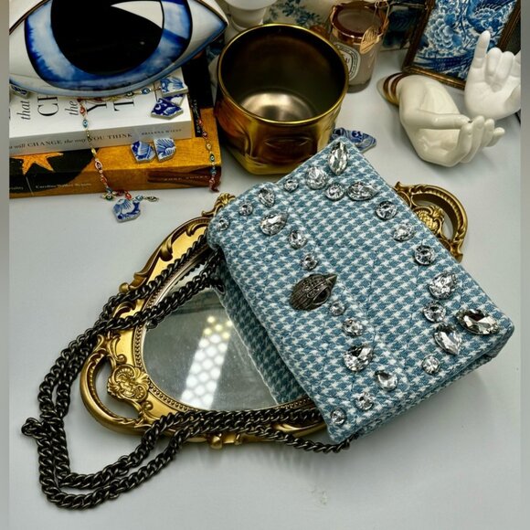 🆕 KURT GEIGER LONDON 🧿 NWOT Blue & White Houndstooth Kensington Bag, Crystals - Picture 5 of 16